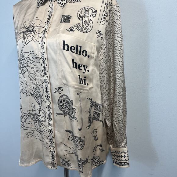 Me369 Blouse Tunic size Medium Gold Black HELLO HEY HI Artsy Peacock Graphic #S - Picture 6 of 12